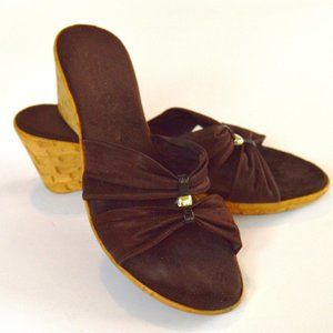 Italian Shoemakers - Shimmery Brown Cork Wedge Slip On Sandals - Size 6